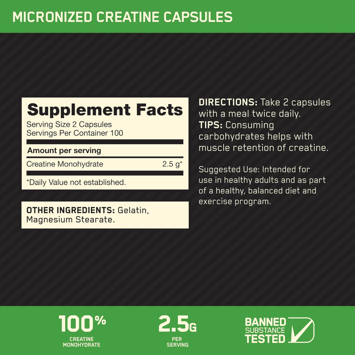 Optimum Nutrition Micronized Creatine Capsules | 100% Creatine Monohydrate | 2.5g Per Serving | 200 Capsules