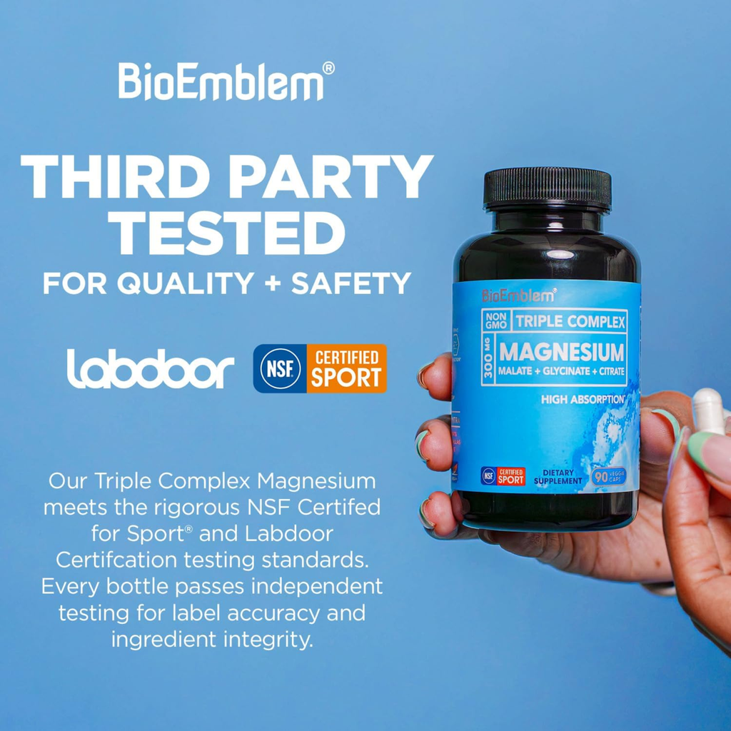 BioEmblem Triple Complex Magnesium 300mg – Malate + Glycinate + Citrate | 90 Veggie Caps