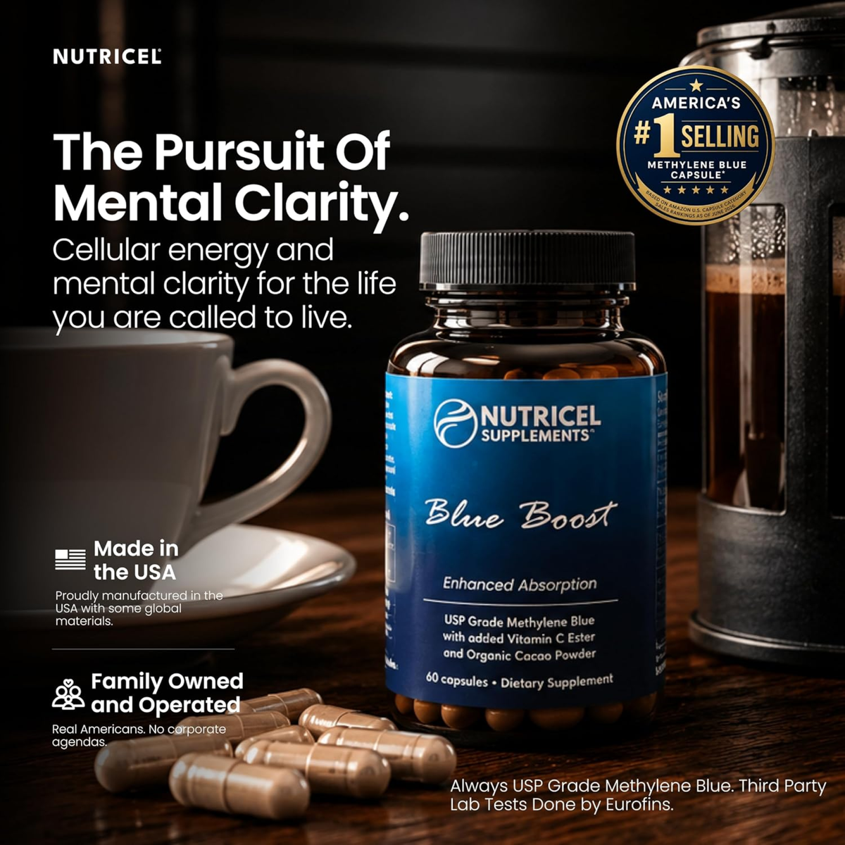 Nutricel Supplements Blue Boost – USP Grade Methylene Blue with Vitamin C Ester & Organic Cacao | 60 Capsules