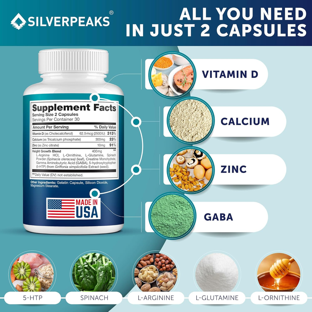 Silverpeaks Height Growth Maximizer – Doctor Formulated Bone Growth Supplement | 60 Capsules