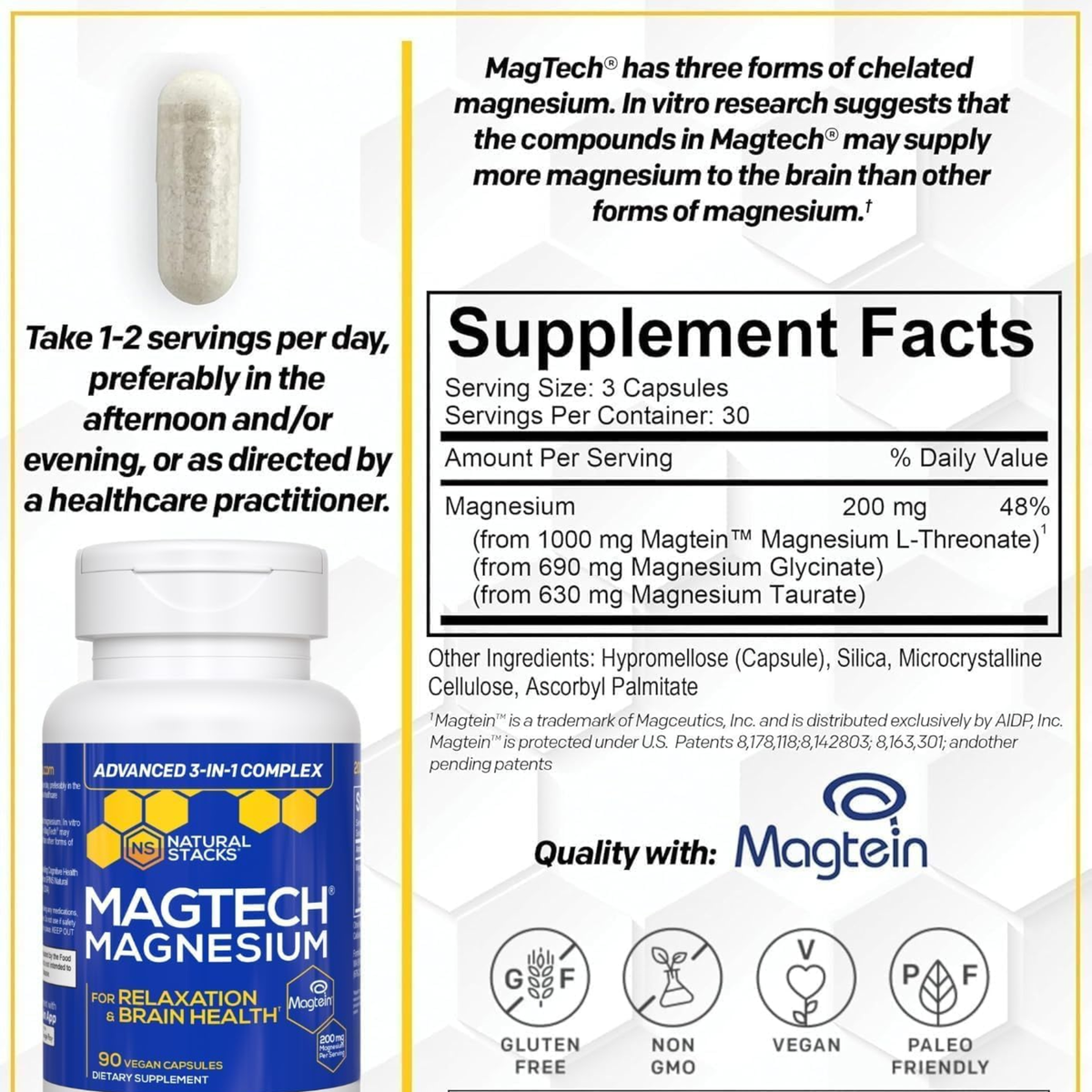 Natural Stacks MagTech Magnesium | Advanced 3-in-1 Complex for Relaxation & Brain Health | 90 Vegan Capsules