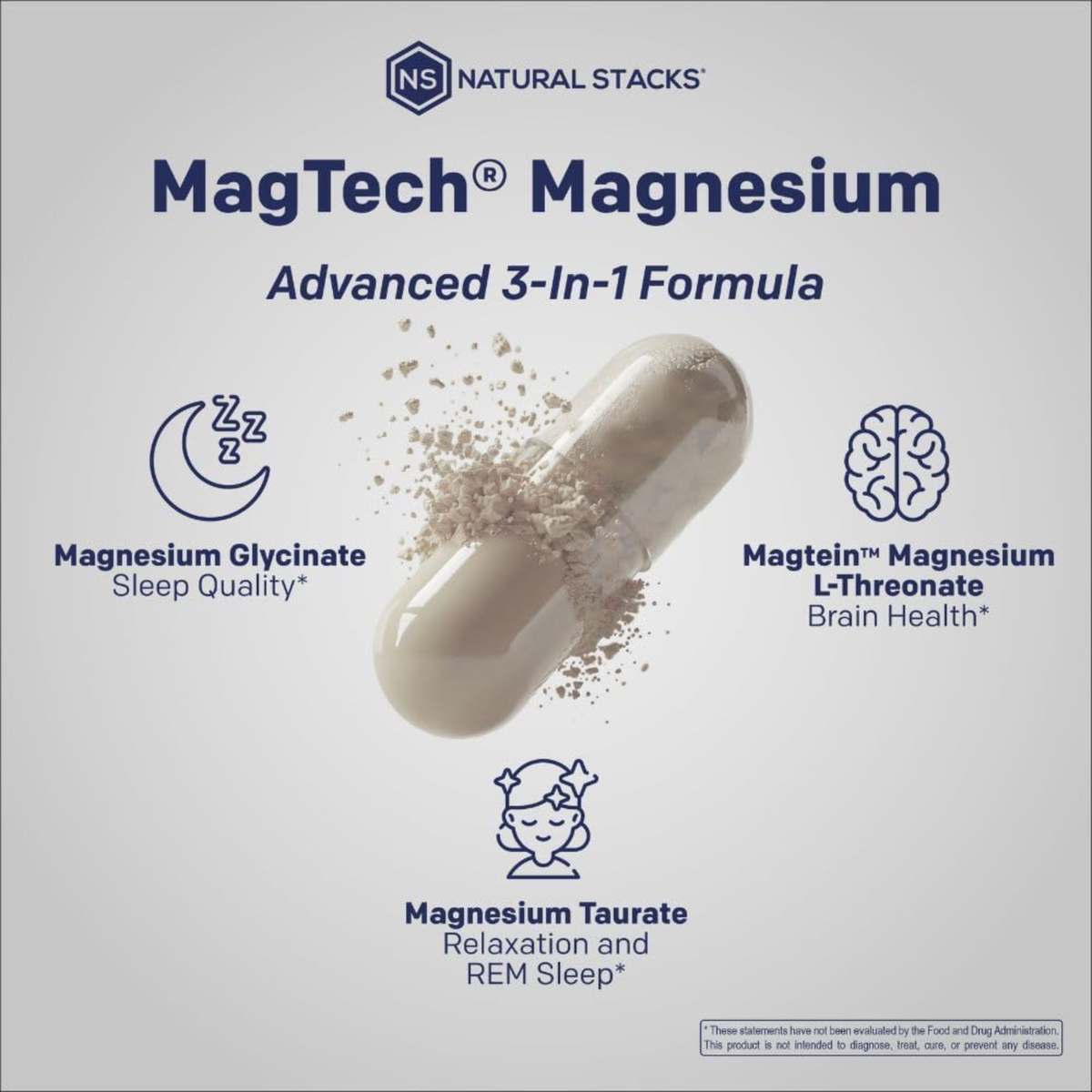Natural Stacks MagTech Magnesium | Advanced 3-in-1 Complex for Relaxation & Brain Health | 90 Vegan Capsules