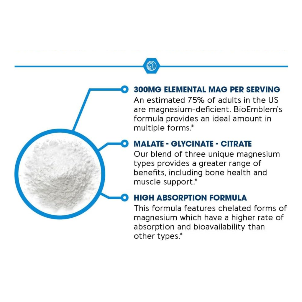 BioEmblem Triple Complex Magnesium 300mg – Malate + Glycinate + Citrate | 90 Veggie Caps