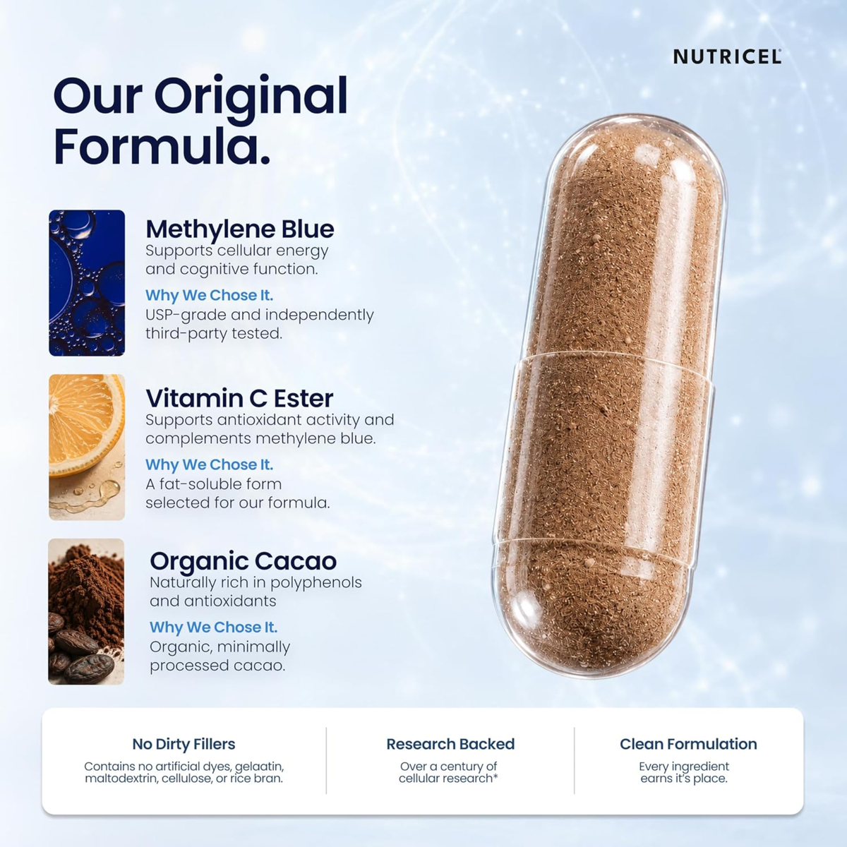 Nutricel Supplements Blue Boost – USP Grade Methylene Blue with Vitamin C Ester & Organic Cacao | 60 Capsules