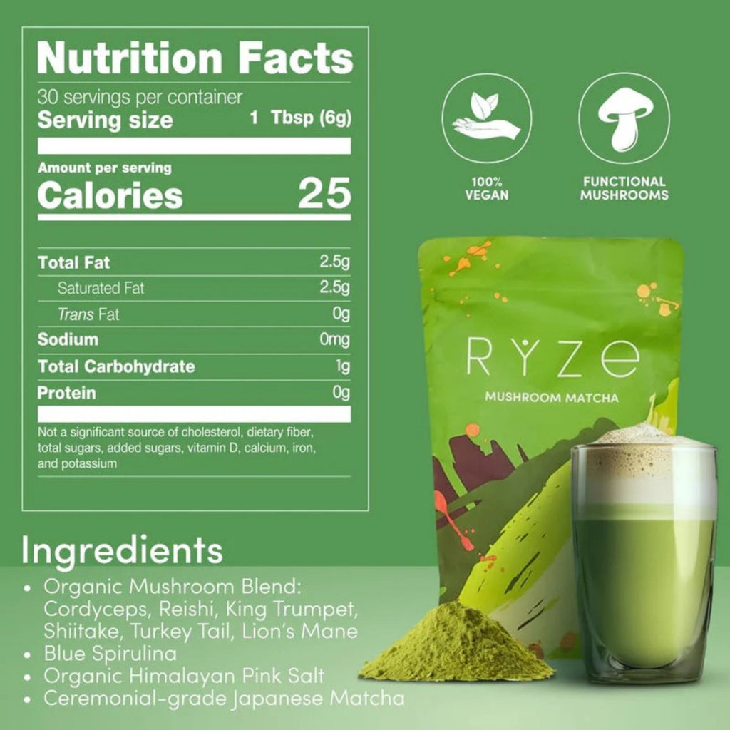 RYZE Mushroom Matcha 30 Servings, Ceremonial Grade Organic