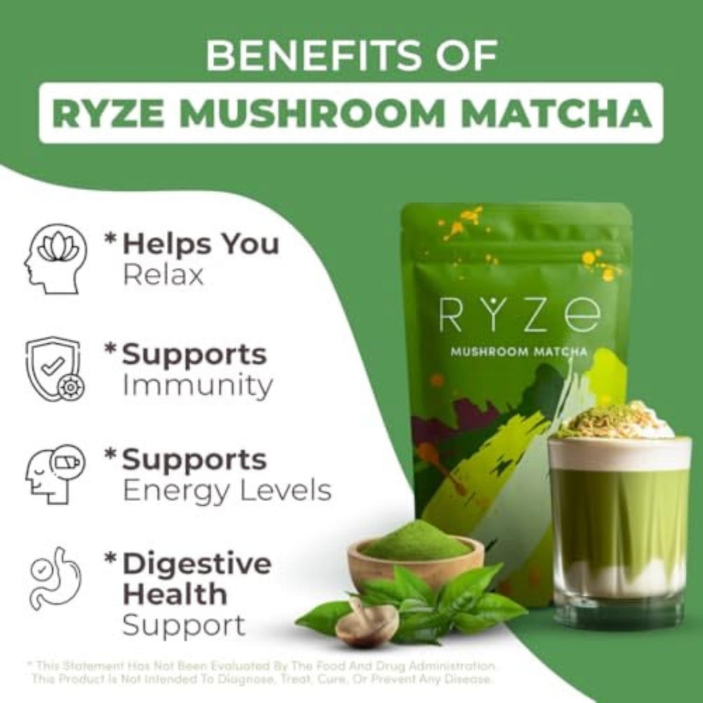 RYZE Mushroom Matcha 30 Servings, Ceremonial Grade Organic