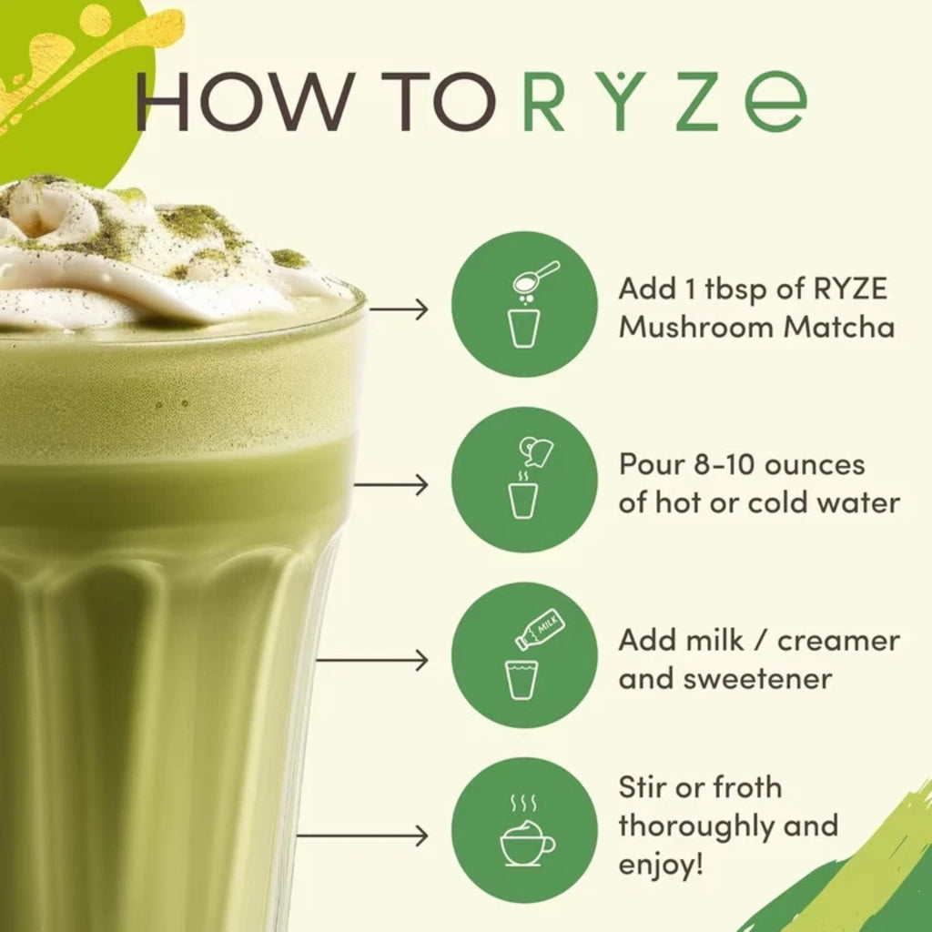 RYZE Mushroom Matcha 30 Servings, Ceremonial Grade Organic