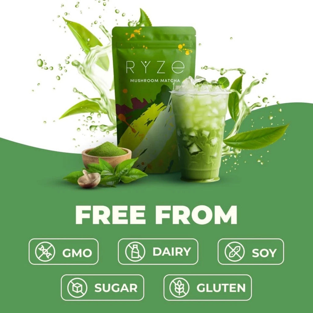 RYZE Mushroom Matcha 30 Servings, Ceremonial Grade Organic