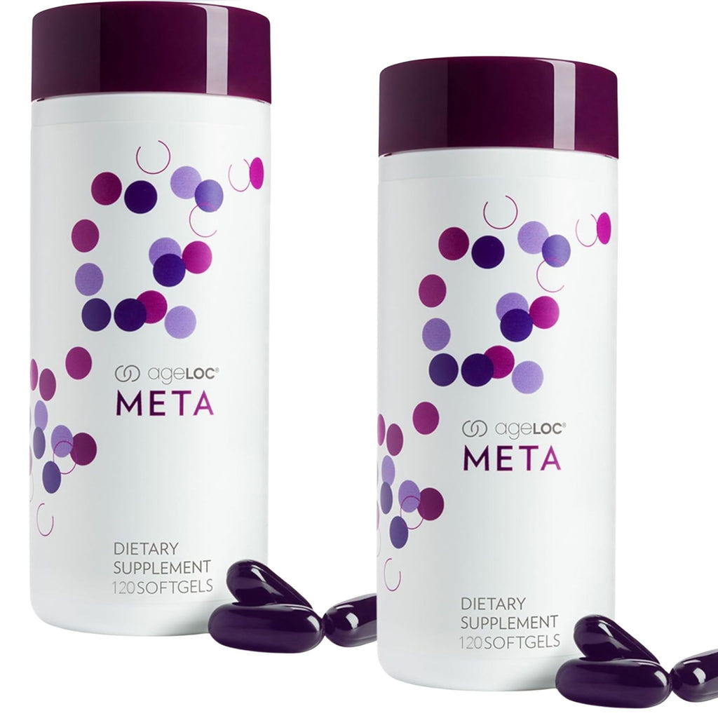 Nu Skin Pharmanex ageLOC Meta Metabolic Health Supplement - 120 Softgels, two bottles shown with softgels